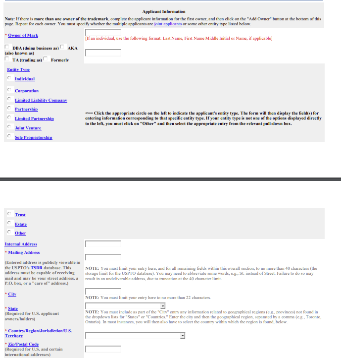 Screenshot of trademark application form showing personal information
