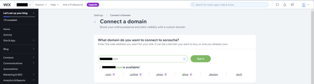 WiX registration page for choosing a domain name