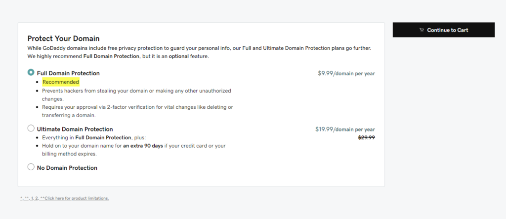 GoDaddy domain protection options