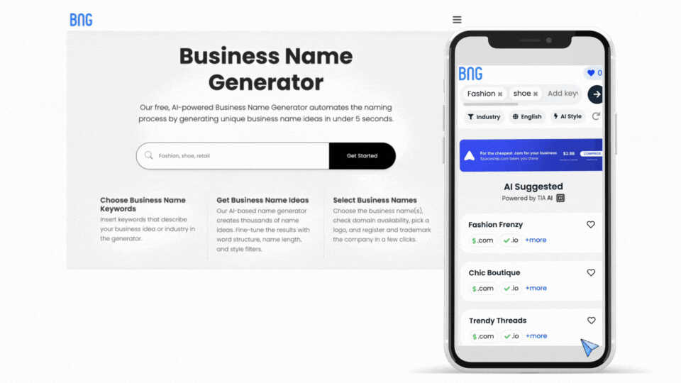 screenshot of business name generator