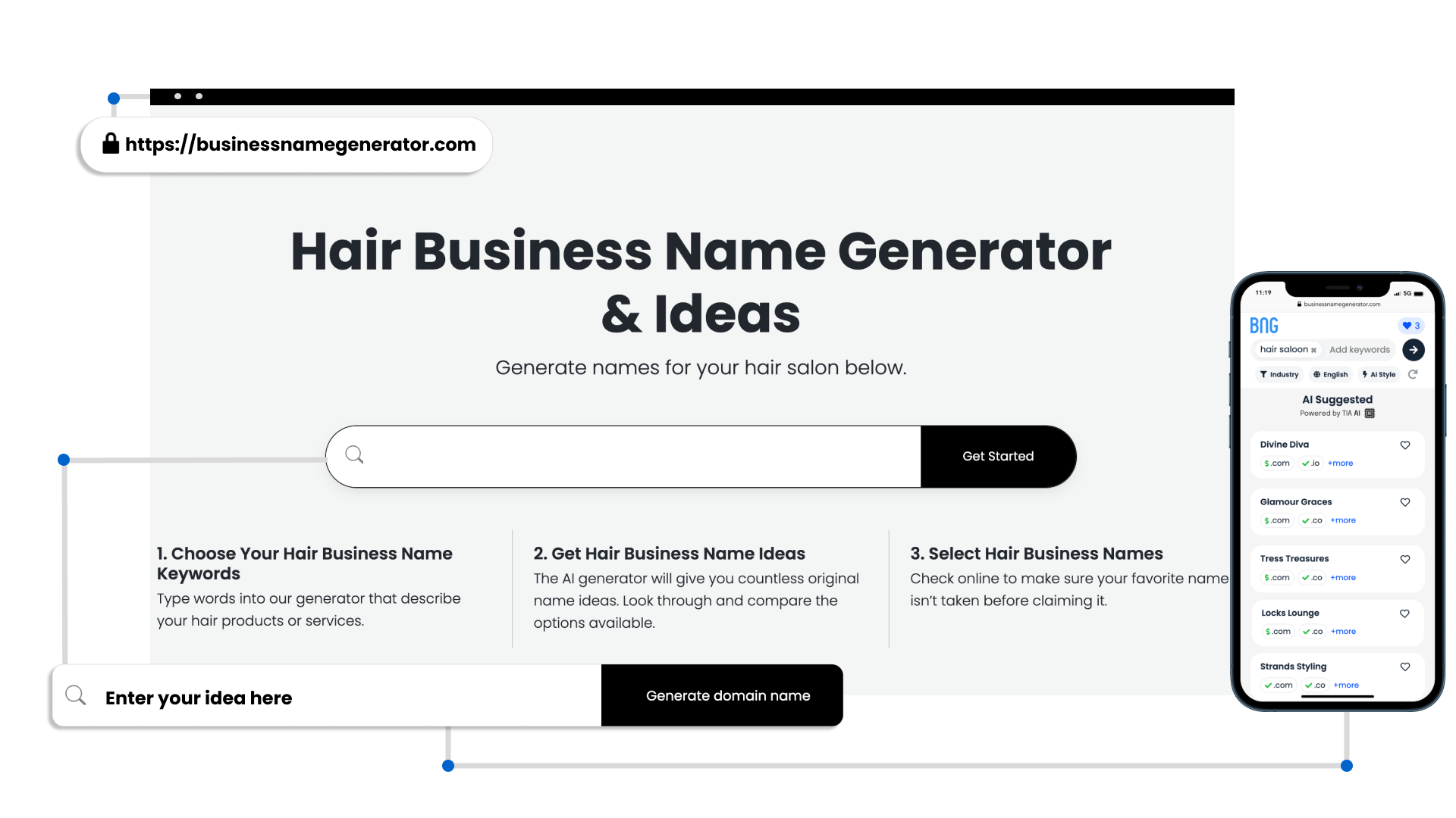 screenshot of hair business name generator