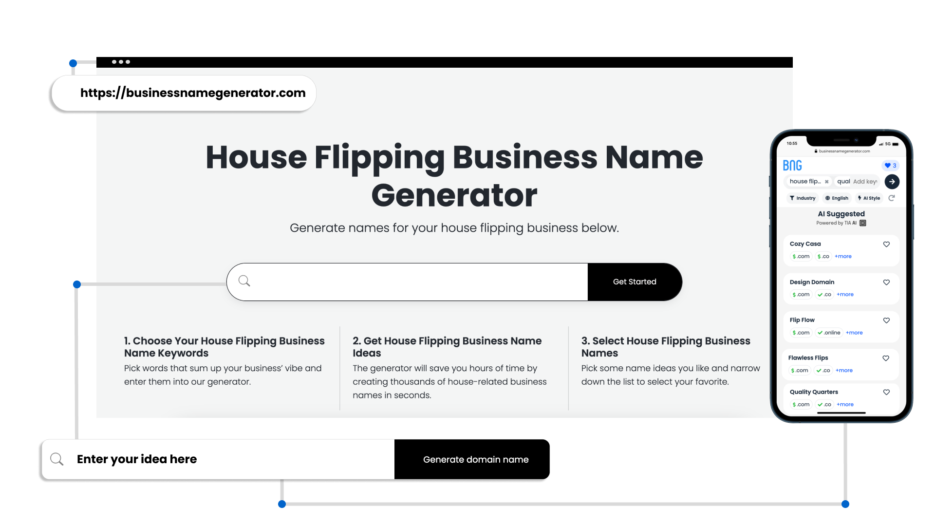 screenshot of house flipping business name generator