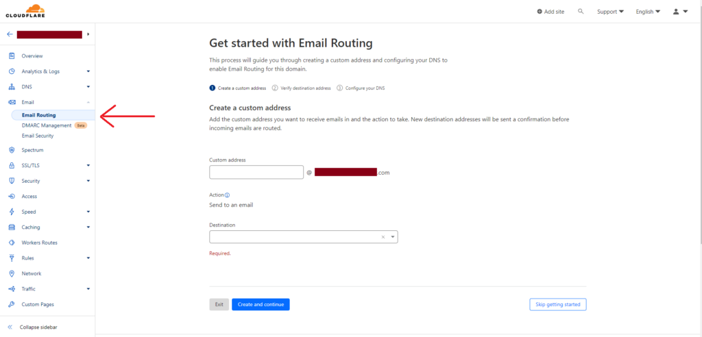 Screenshot of Cloudflare's dashboard showing how to set up a custom email domain