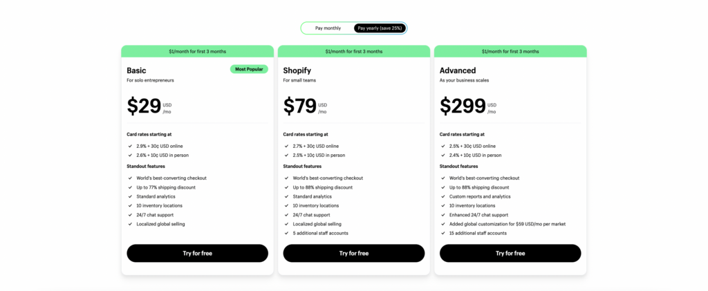 shopify pricing table